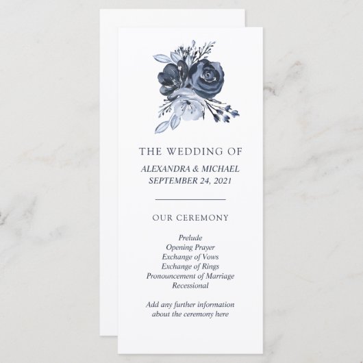 blauw boeket | Waterverf Bloemen Trouwprogramma Programmakaart (Voorkant / Achterkant)