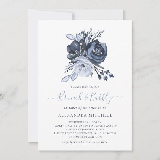 blauw boeket | Waterverf Floral Brunch en Bubbly Kaart (Voorkant)