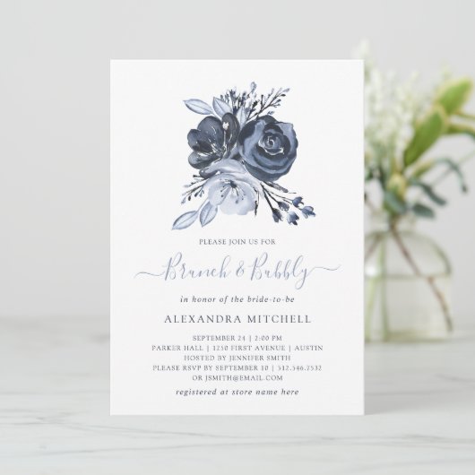 blauw boeket | Waterverf Floral Brunch en Bubbly Kaart (Staand voorkant)