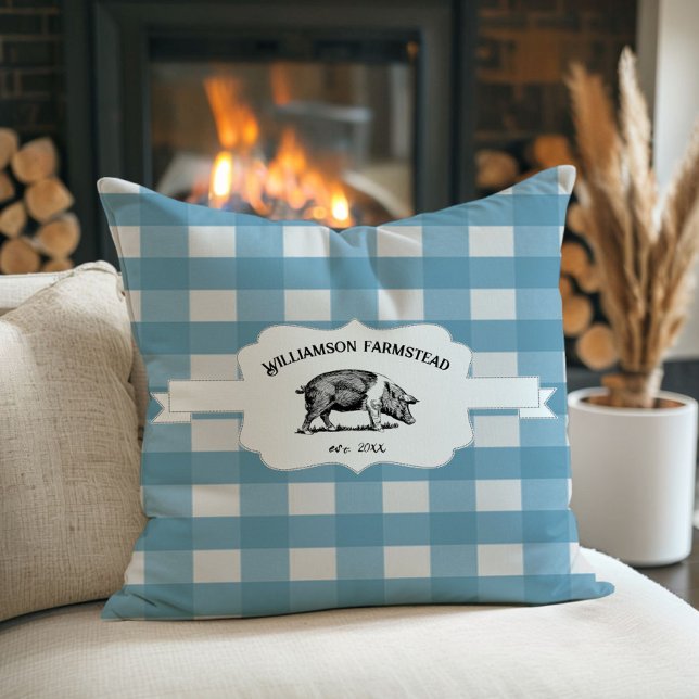 Blauw Boerderij met buffel Sierkussen (Blue Buffalo Plaid Farm Pig Throw Pillow)