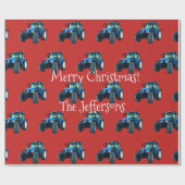 Blauw Boerderij Tractoren op Rode Kerstmis Cadeaupapier (Vlak)