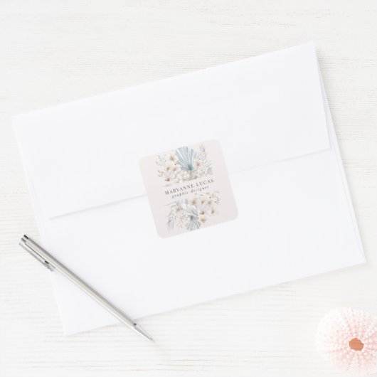 Blauw Boheemse Pastelkleur Bloemen Vierkante Sticker (Envelop)