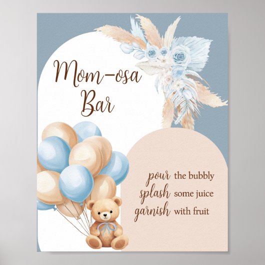 Blauw Boho Beer Balloon Baby shower Moeder Osa Bar Poster (Voorkant)