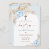 Blauw Boho Bloem Boog Jongens Doop Uitnodiging (Voorkant / Achterkant)