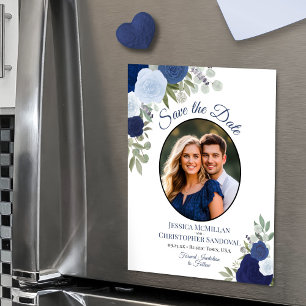 Blauw Boho Bloem & Foto Huwelijk Save the Date Magnetische Uitnodiging