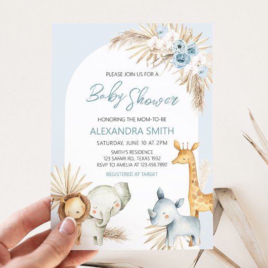 Blauw Boho Bloem Safari Baby Shower Kaart