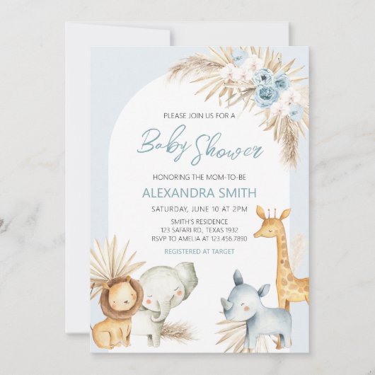 Blauw Boho Bloem Safari Baby Shower Kaart (Voorkant)