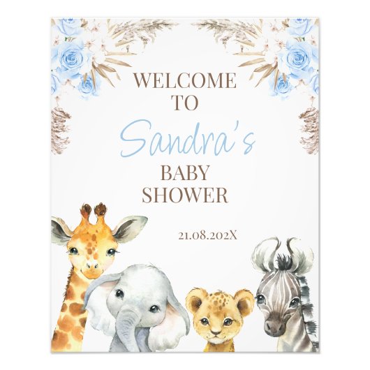 Blauw Boho Bloem Safari Baby Shower Welkomstbord Foto Afdruk (Voorkant)