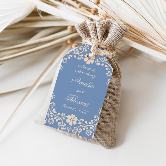 Blauw Boho Bloemen Bruiloft Cadeaulabel