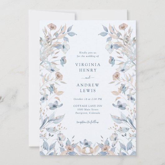 Blauw Boho Bloemen Bruiloft Kaart (Voorkant)