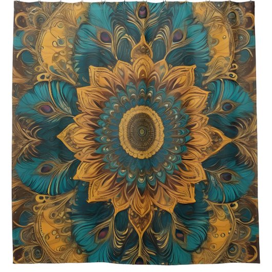 Blauw Boho Bloemen Douchegordijn (Voorkant)