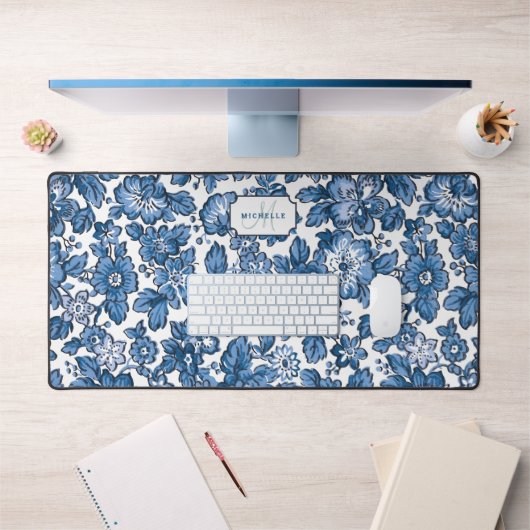Blauw Boho Bloemen w/Name & Monogram Bureaumat (Kantoor 1)