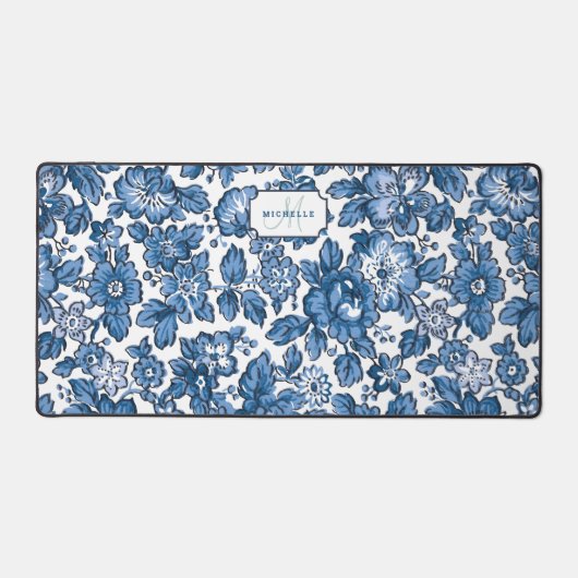 Blauw Boho Bloemen w/Name & Monogram Bureaumat (Voorkant)