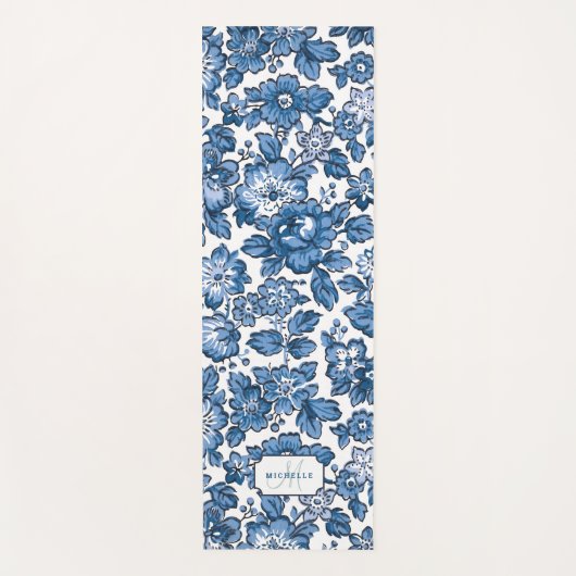Blauw Boho Bloemen w/Name & Monogram Yogamat (Voorkant)