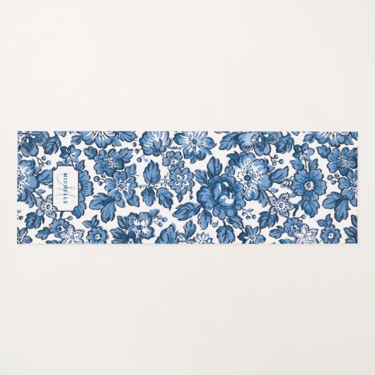 Blauw Boho Bloemen w/Name & Monogram Yogamat (Voorkant (horizontaal))