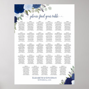 Blauw Boho Bloemig Tafelbruiloft Zitplaatsenkaart  Poster