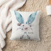 Blauw Boho Boheemse Chic Pijlen Veer Bloemig Kussen (Deken)