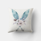 Blauw Boho Boheemse Chic Pijlen Veer Bloemig Kussen (Achterkant)