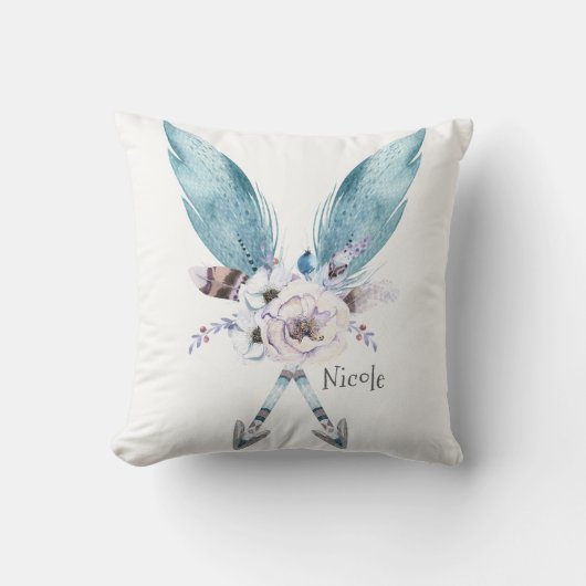 Blauw Boho Boheemse Chic Pijlen Veer Bloemig Kussen (Voorkant)