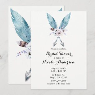 Blauw Boho Boheemse Pijlen Veer Bloem Feest Kaart