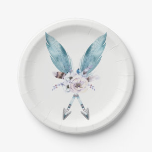 Blauw Boho Boheemse Pijlen Veer Bloem Feest Papieren Bordje
