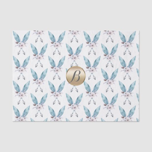 Blauw Boho Boheemse Veer Monogram Op Maat Gemaakt Tissuepapier (Voorkant)