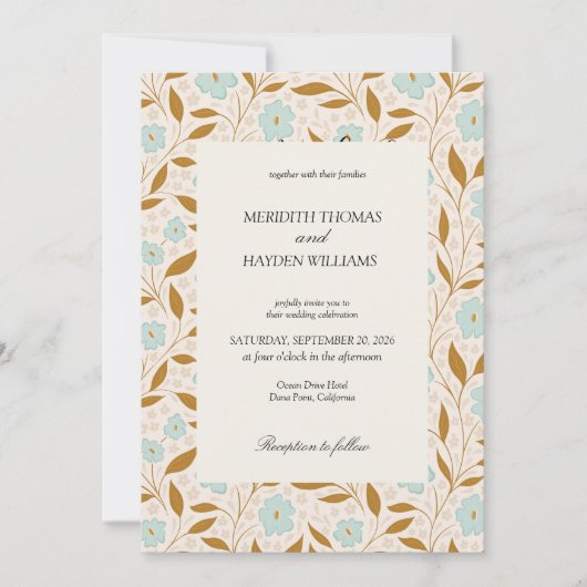 Blauw Boho Botanische bruiloft Kaart (Voorkant)