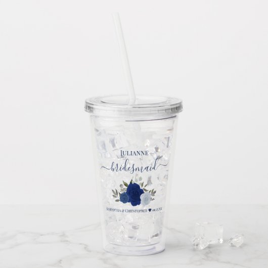 Blauw Boho Chic Rozen Elegante Bruidsmeisje Huweli Acryl Drinkbeker (Voorkant ijs)