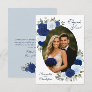 Blauw Boho Chic Waterverfrozen Ovaal Foto Bruiloft Bedankkaart