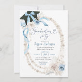 Blauw Boho Coquette Strik Parel Afstudeerfeest Kaart (Voorkant)