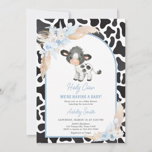 Blauw Boho Hoogland Kalf Babyshower Kaart (Voorkant)