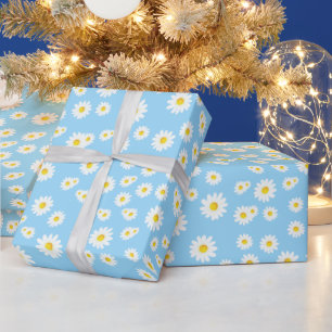 Blauw Boho Lente Madeliefjes Patroon Cadeaupapier