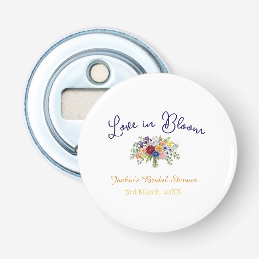 blauw boho liefde in bloei bruidsfeest naam retro button flesopener (Voorkant)