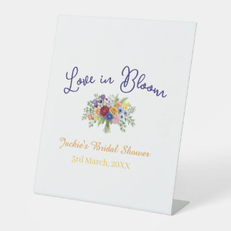 blauw boho liefde in bloei bruidsfeest naam retro reclamebord met voetstuk
