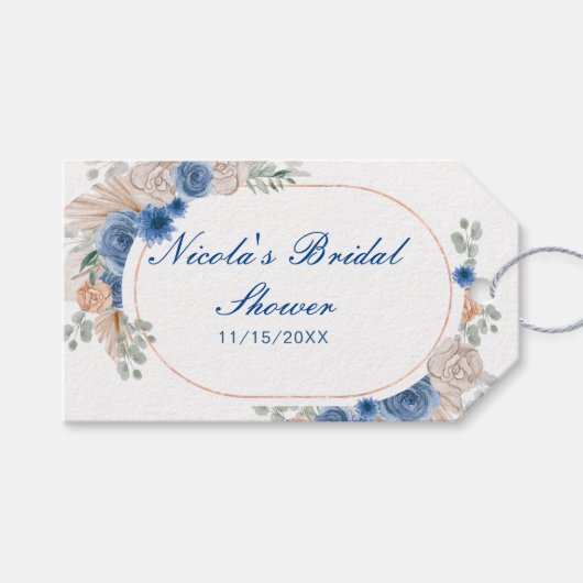 Blauw Boho Pampas Gras Bruidsdouche Cadeaulabel (Voorkant (Horizontaal))