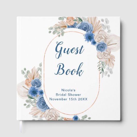 Blauw Boho Pampas Gras Bruidsdouche Gastenboek (Voorkant)