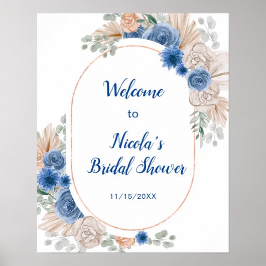 Blauw Boho Pampas Gras Bruidsdouche Poster (Voorkant)