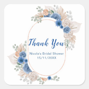 Blauw Boho Pampas Gras Bruidsdouche Vierkante Sticker