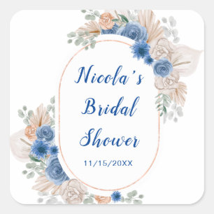 Blauw Boho Pampas Gras Bruidsdouche Vierkante Sticker
