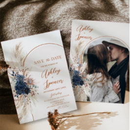 Blauw Boho Pampas Save The Date Kaart