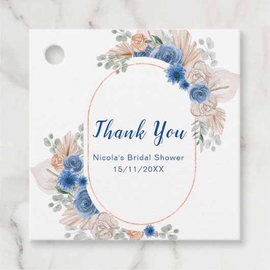 Blauw Boho Pampasgras Bruiloftsborrel Bedankjes Labels (Voorkant)