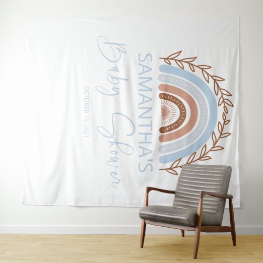 Blauw Boho Regenboog Baby Shower Terracotta Wandkleed (In Situ (horizontaal))