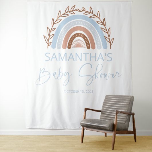 Blauw Boho Regenboog Baby Shower Terracotta Wandkleed (In situ)