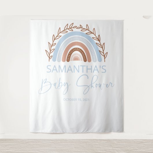 Blauw Boho Regenboog Baby Shower Terracotta Wandkleed (Voorkant)