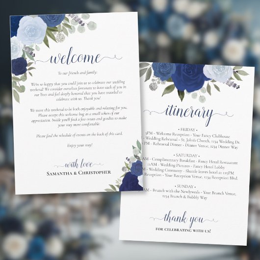 Blauw Boho Rozen Bruiloft Welkom & Reisprogramma Programmakaart