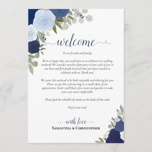 Blauw Boho Rozen Bruiloft Welkom & Reisprogramma Programmakaart (Voorkant)