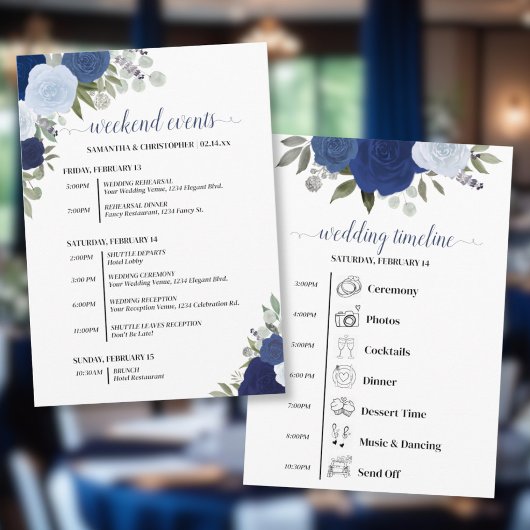 Blauw Boho Rozen Huwelijks Evenementen & Tijdschem Programmakaart