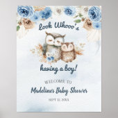 Blauw Boho Uil Baby Shower Poster (Voorkant)