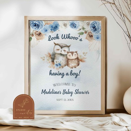 Blauw Boho Uil Baby Shower Poster