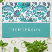 Blauw Boho Vintage Bloem Monogram Theedoek (Gevouwen)